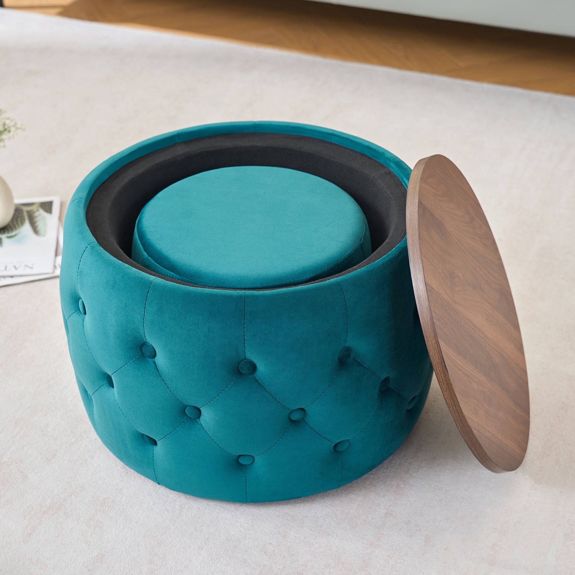 Luxurious Velvet Nesting Ottomans of 2, 4-in-1  Function, Round Storage Foot Stool with Wood Tray, No Assembly Needed, Blue (22.75"x22.75"x15"H)