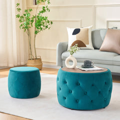 Luxurious Velvet Nesting Ottomans of 2, 4-in-1  Function, Round Storage Foot Stool with Wood Tray, No Assembly Needed, Blue (22.75"x22.75"x15"H)