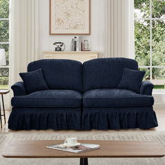 Elegant Mid Century Oversized Large Two Seater Sofa Couch with Flared Arms and Removable Ruffles Pleats Skirts and Spindle Legs, Comfy Chenille Two-Seat Love Seat Sofa for Living Room,Blue