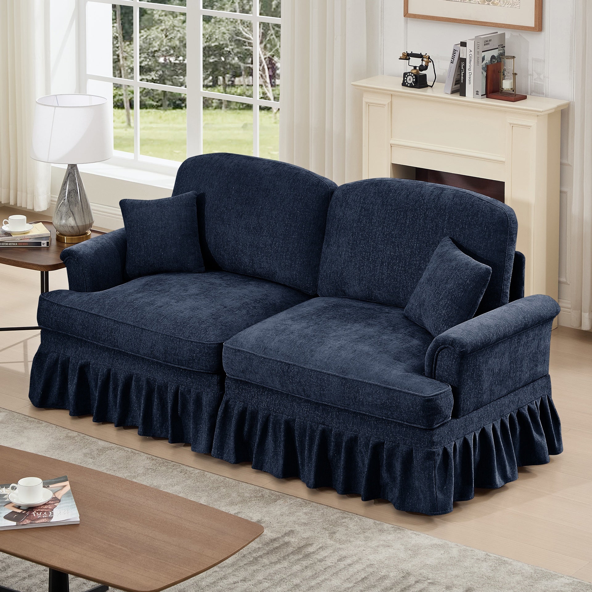 Elegant Mid Century Oversized Large Two Seater Sofa Couch with Flared Arms and Removable Ruffles Pleats Skirts and Spindle Legs, Comfy Chenille Two-Seat Love Seat Sofa for Living Room,Blue