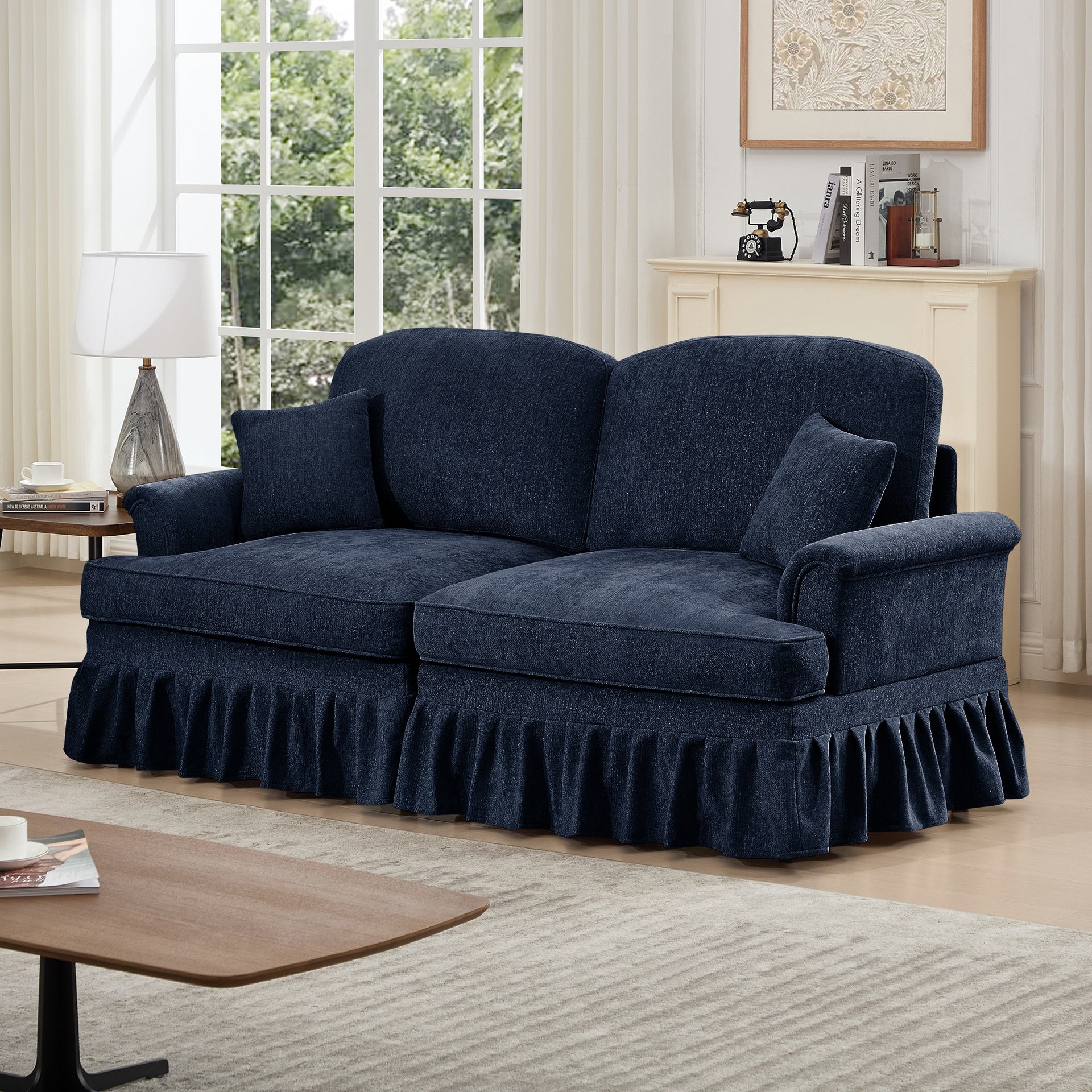Elegant Mid Century Oversized Large Two Seater Sofa Couch with Flared Arms and Removable Ruffles Pleats Skirts and Spindle Legs, Comfy Chenille Two-Seat Love Seat Sofa for Living Room,Blue