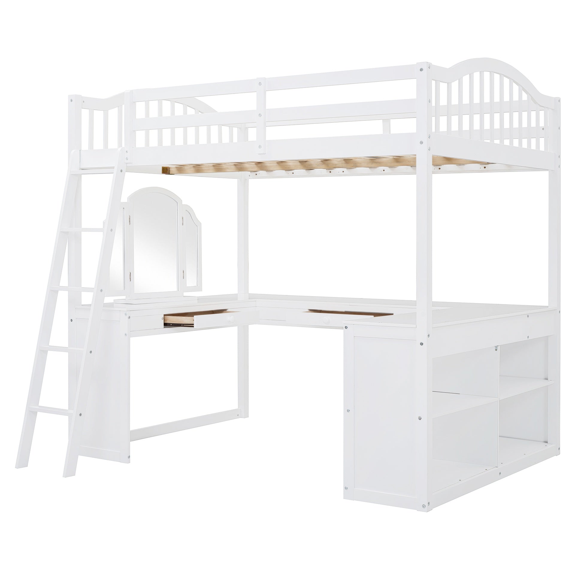 Full Wooden Loft Bed with U-shaped Desk,Storage Compartments and Tri-fold Mirror, White
