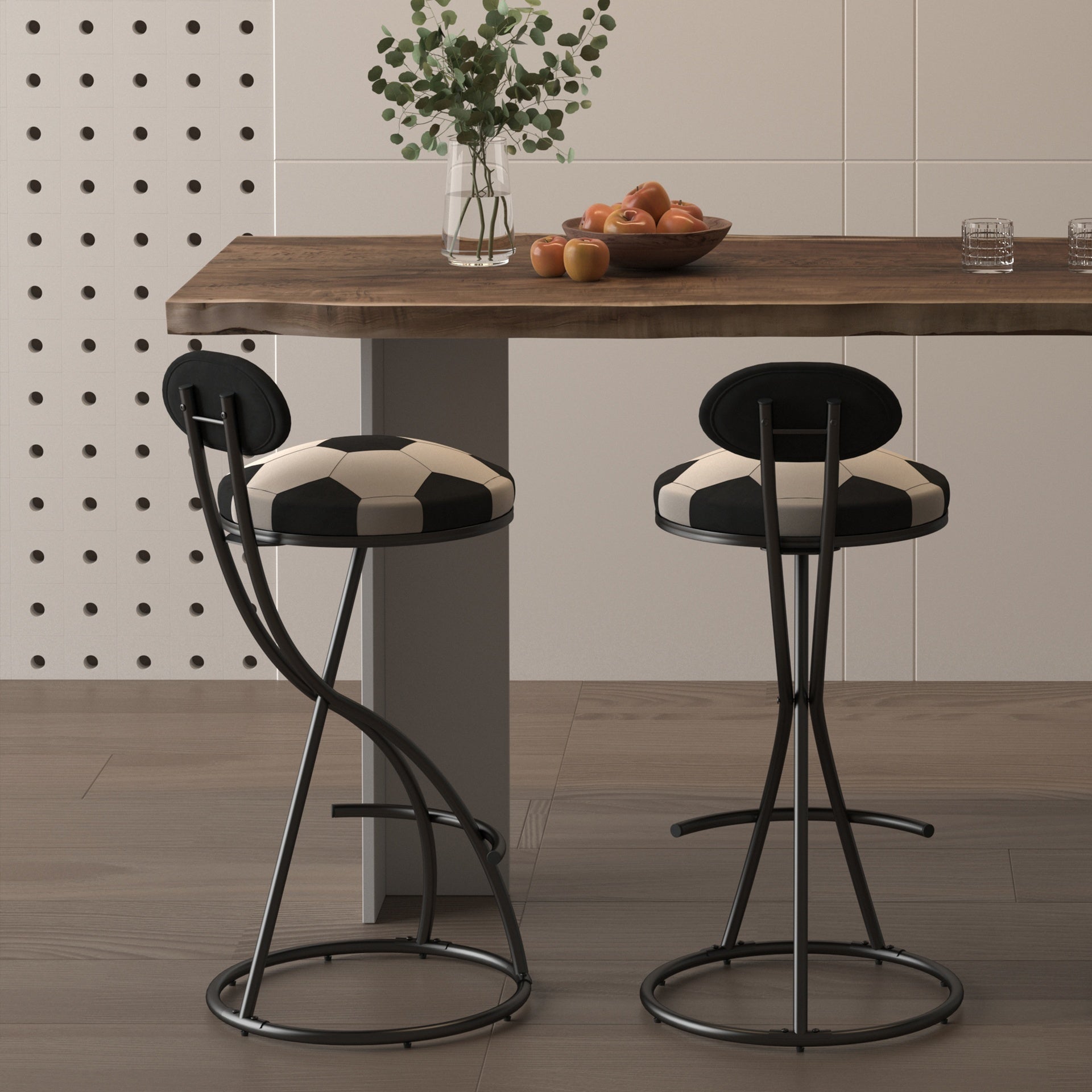 Upholstered S-shaped Barstools Set of 2 Velvet Counter Bar Stools Football Print Round Dining Stool for Kitchen & Living Room (Black Frame & Black Back)