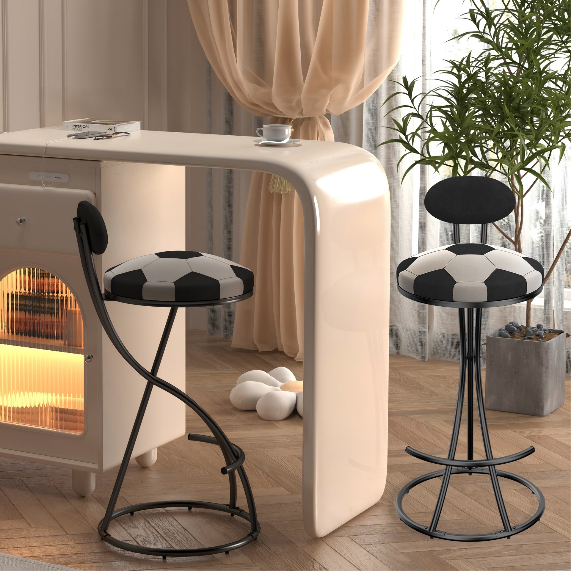 Upholstered S-shaped Barstools Set of 2 Velvet Counter Bar Stools Football Print Round Dining Stool for Kitchen & Living Room (Black Frame & Black Back)