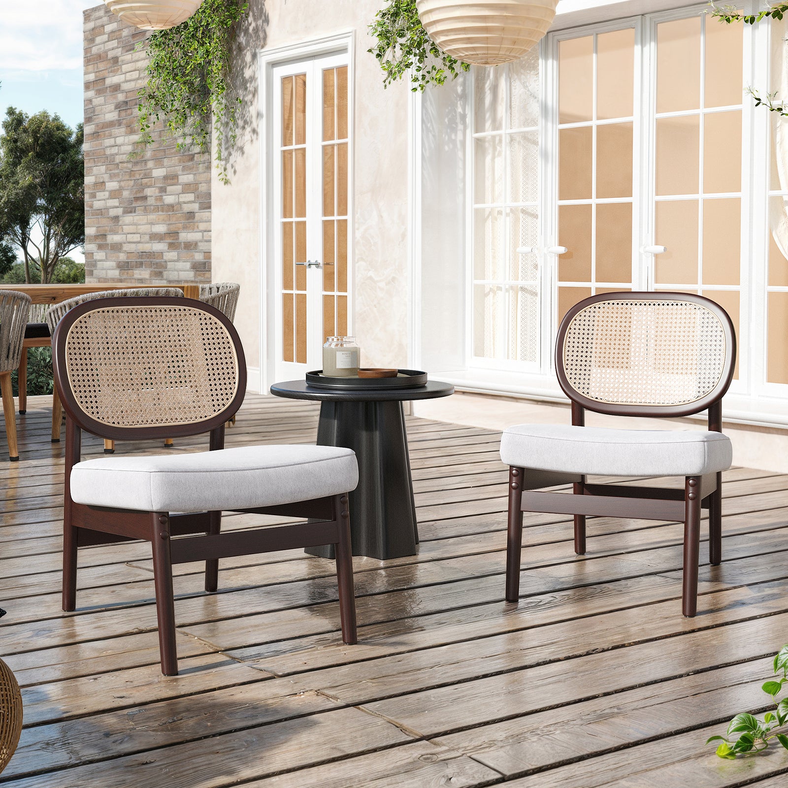 Rattan Accent Chair, Upholstered Living Room Chair with Rattan Back & Wood Frame, Mid-Century Modern Reading Chair for Living Room, Bedroom, Beige