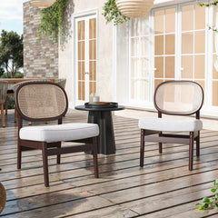 Rattan Accent Chair, Upholstered Living Room Chair with Rattan Back & Wood Frame, Mid-Century Modern Reading Chair for Living Room, Bedroom, Beige
