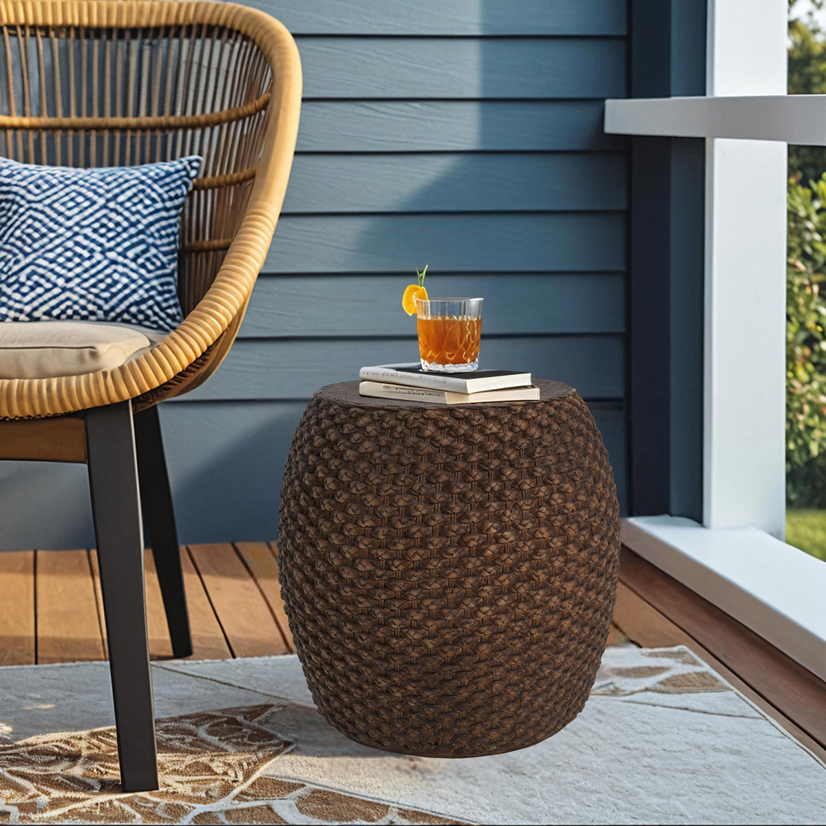 Faux Rattan Side Table for Both Indoor and Outdoor Use, Handmade MgO, Brown