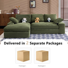 Green corduroy compressed sofa. It has a soft and skin-friendly sitting feel, adding a healing atmosphere to the warm living room. It comes with 3 back cushions and 2 throw pillows.