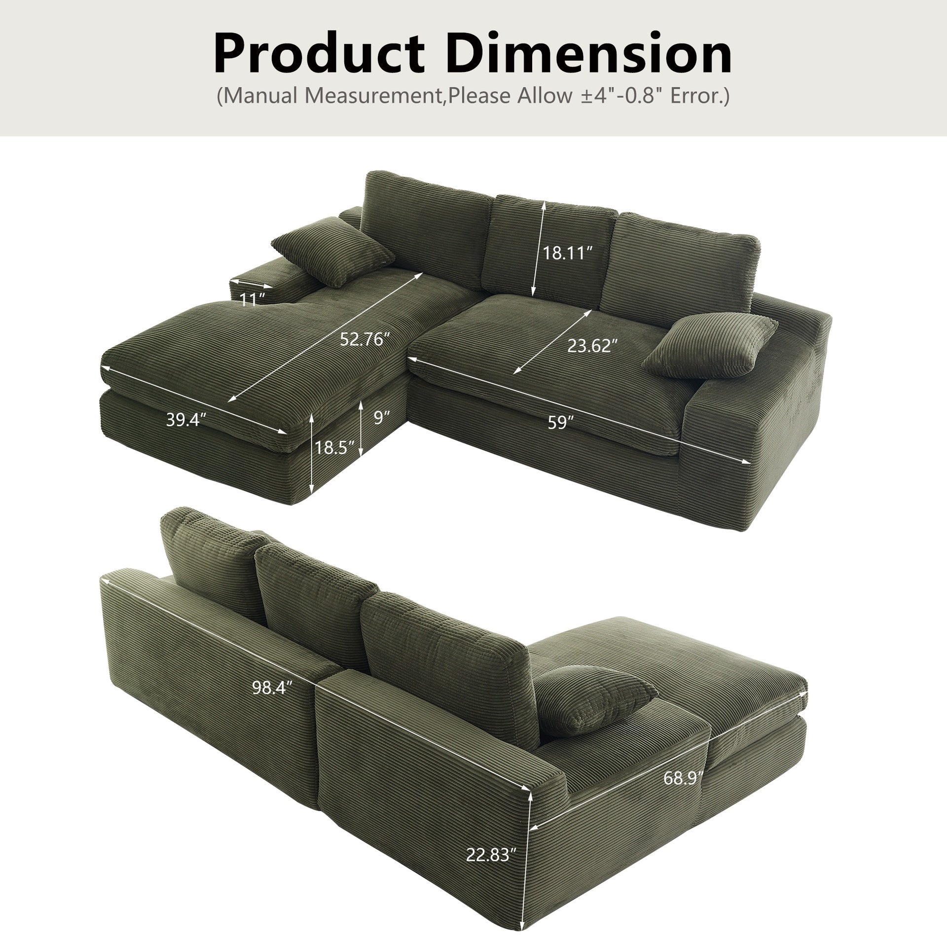 Green corduroy compressed sofa. It has a soft and skin-friendly sitting feel, adding a healing atmosphere to the warm living room. It comes with 3 back cushions and 2 throw pillows.
