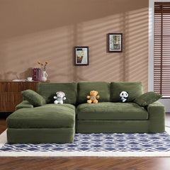 Green corduroy compressed sofa. It has a soft and skin-friendly sitting feel, adding a healing atmosphere to the warm living room. It comes with 3 back cushions and 2 throw pillows.