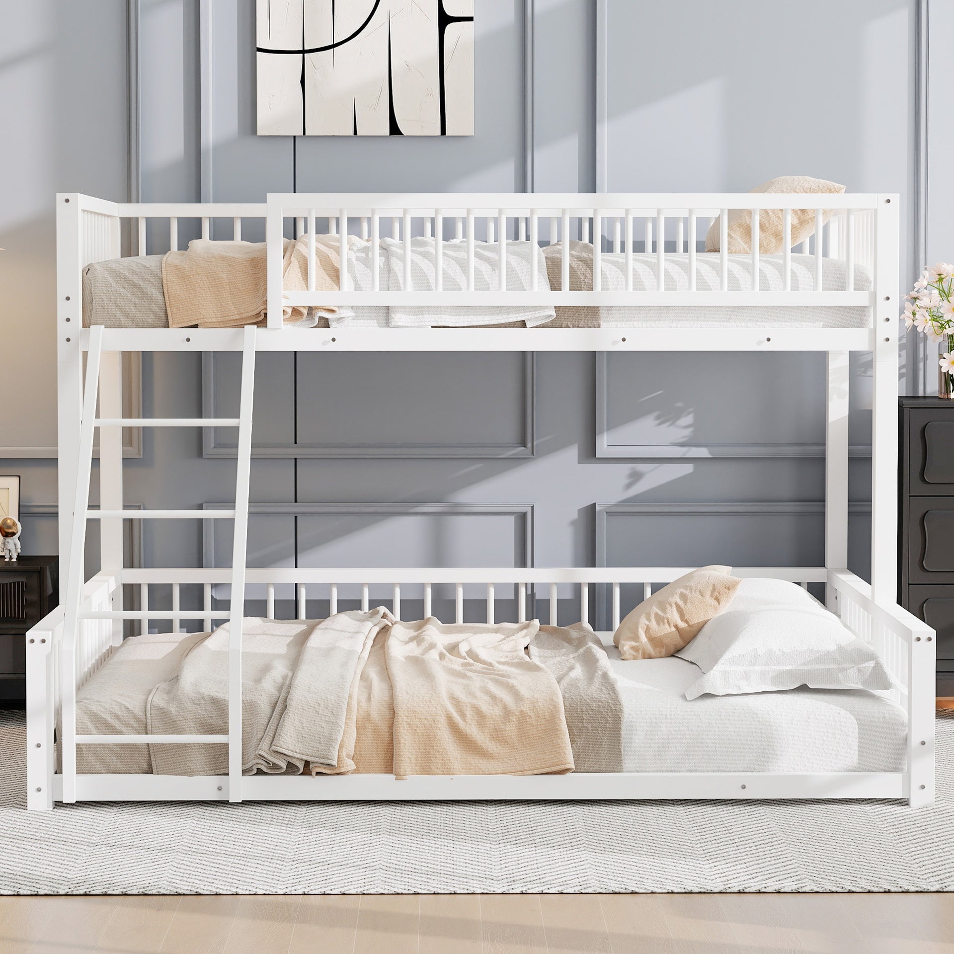 Twin XL over Queen Floor Bunk Bed Frame with Ladder and Safety Guardrails, Easy Assemble, White