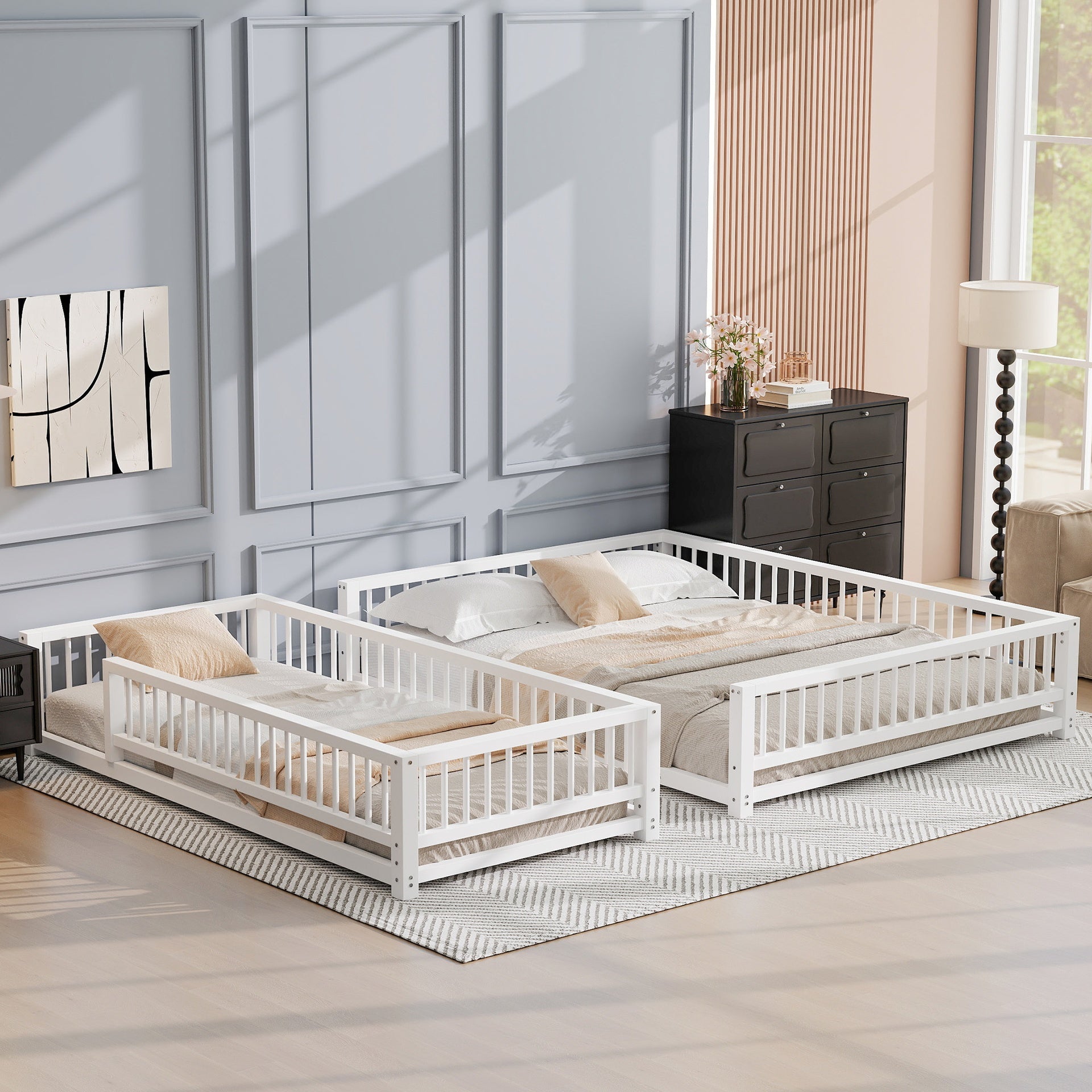 Twin XL over Queen Floor Bunk Bed Frame with Ladder and Safety Guardrails, Easy Assemble, White