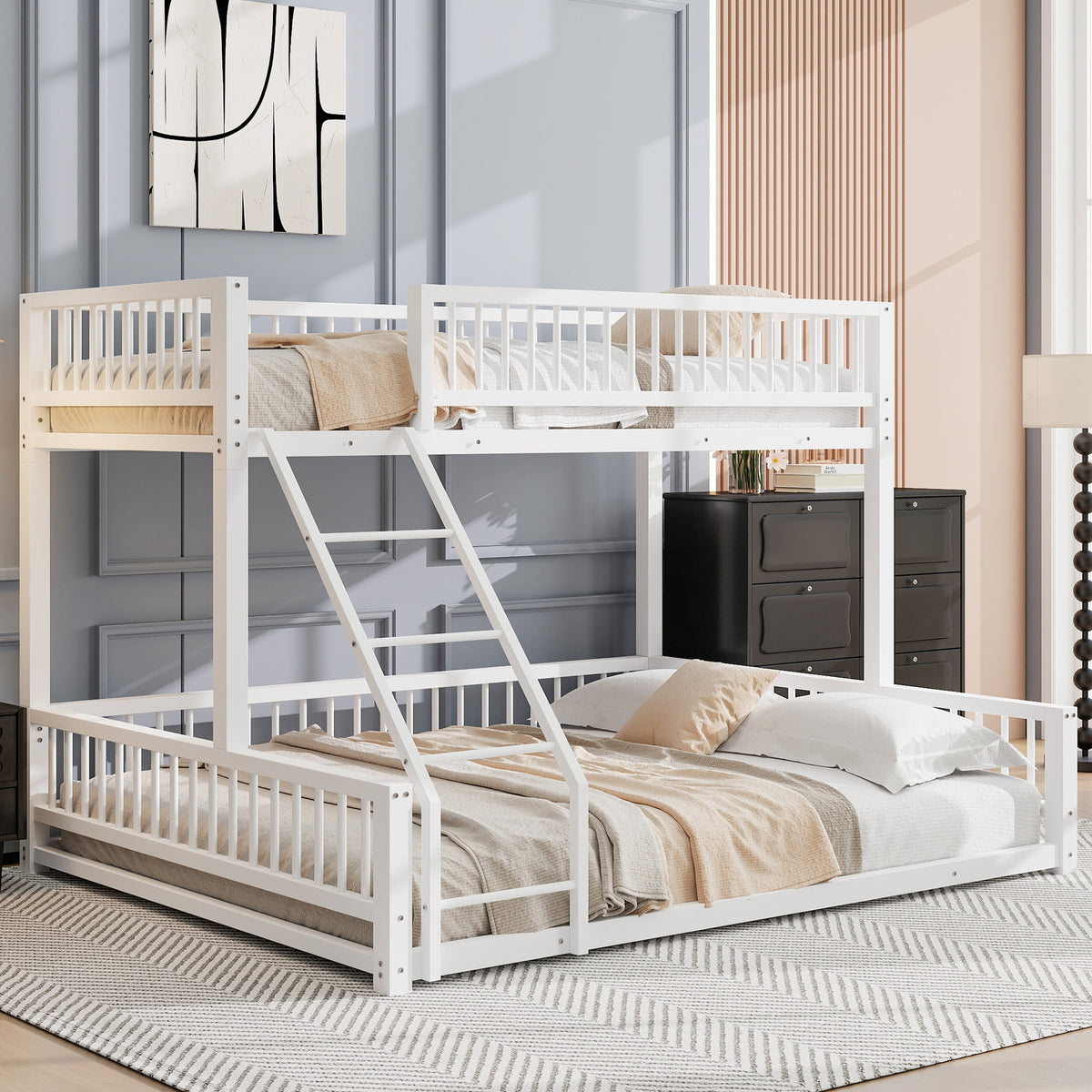 Twin XL over Queen Floor Bunk Bed Frame with Ladder and Safety Guardrails, Easy Assemble, White