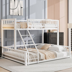 Twin XL over Queen Floor Bunk Bed Frame with Ladder and Safety Guardrails, Easy Assemble, White