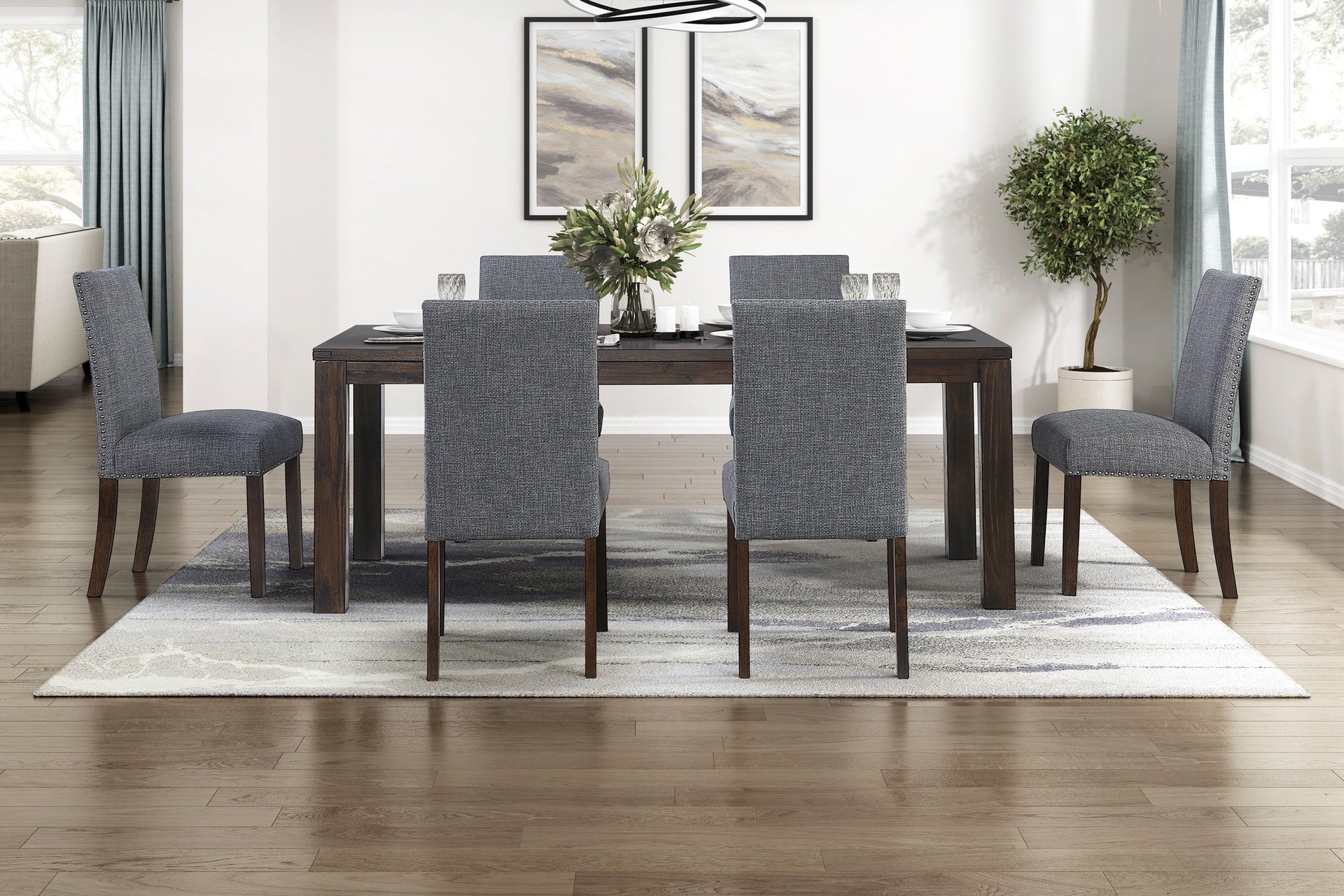 Classic 7pc Dining Set Dark Brown Finish Table and 6x Side Chairs Comfort Upholstery Gray Dining Kitchen Furniture