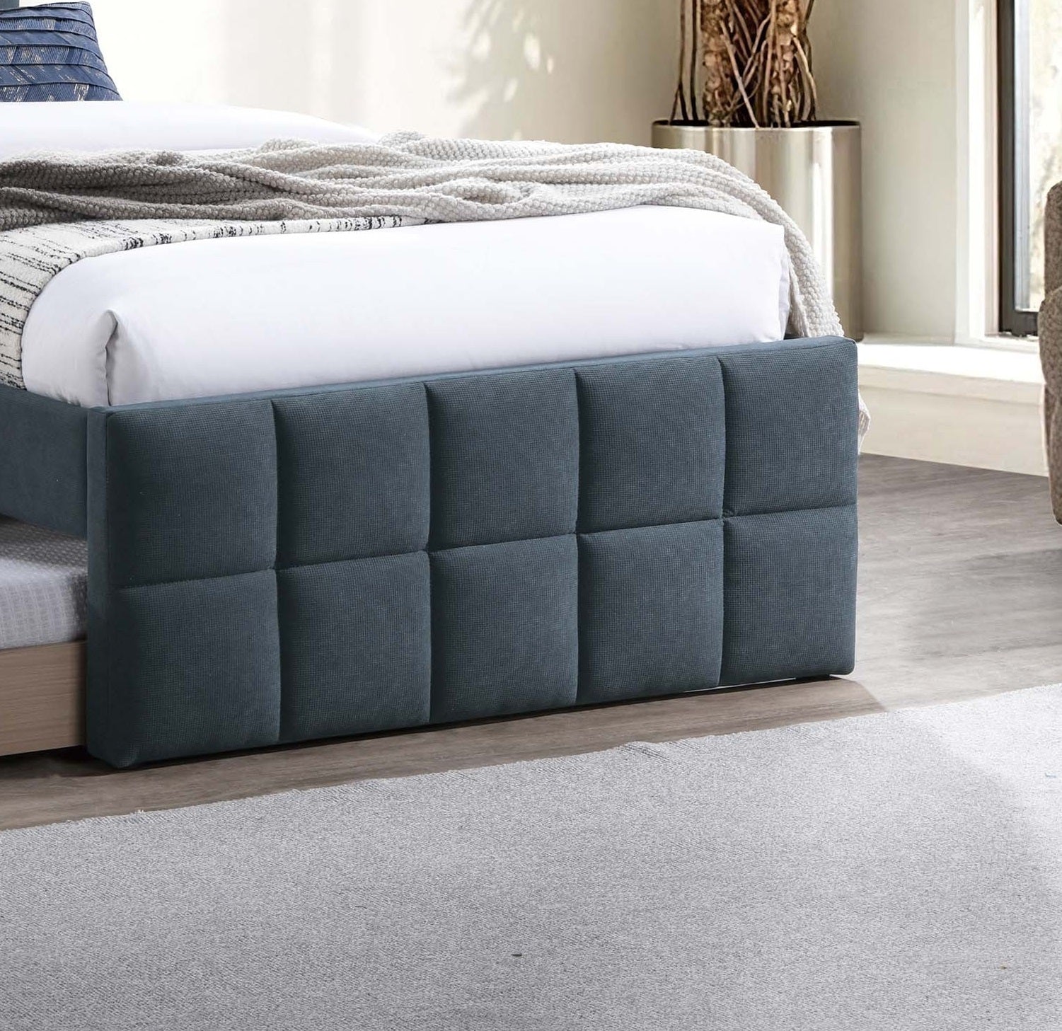 Contemporary Style 1pc Full Size Bed w/ Trundle Upholstered Headboard And Footboard Grid Pattern Charcoal Finish Bedroom Furniture