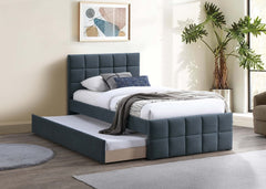 Contemporary Style 1pc Full Size Bed w/ Trundle Upholstered Headboard And Footboard Grid Pattern Charcoal Finish Bedroom Furniture