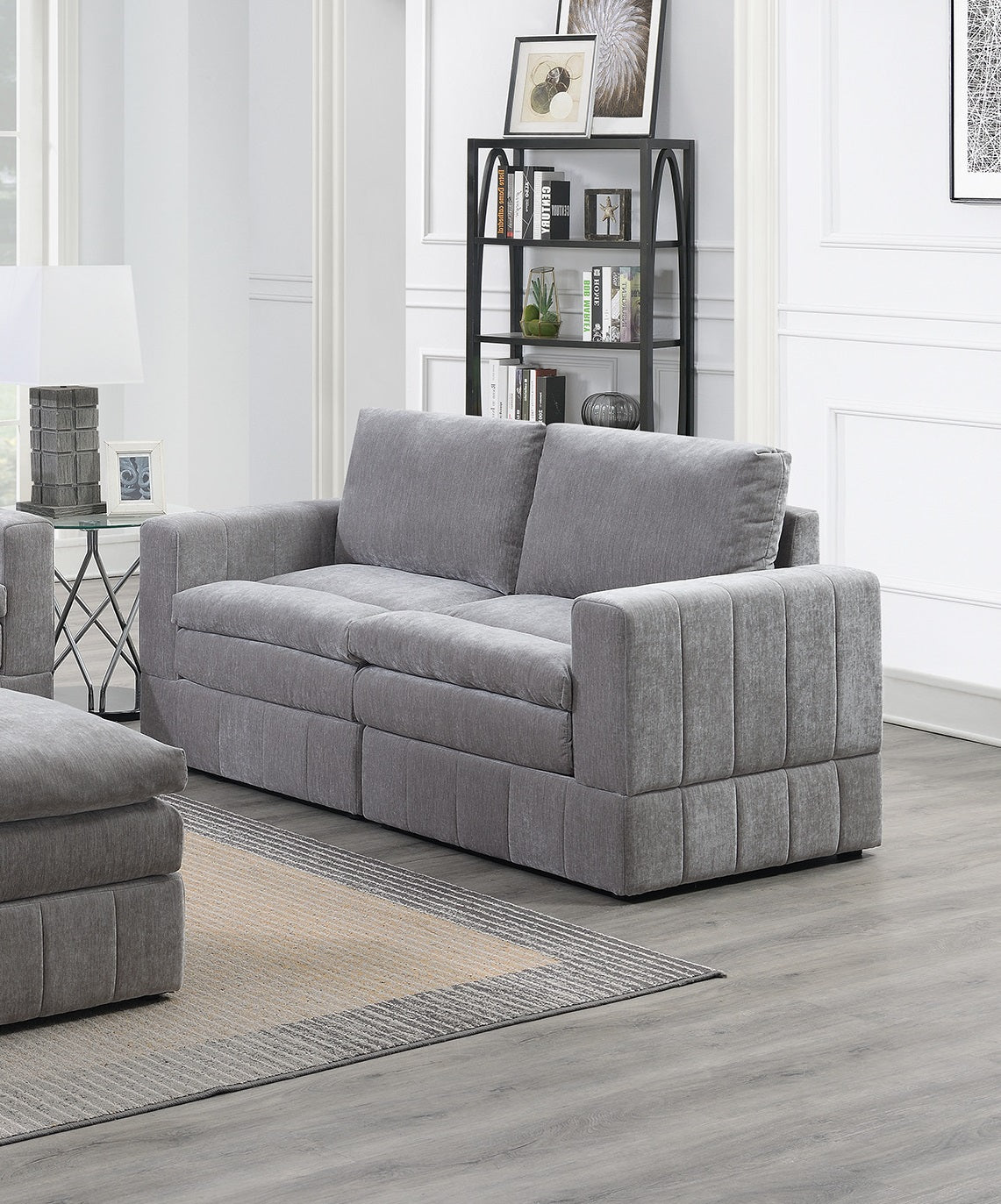 Contemporary 6pc Set Modular Sectional Set 4x One Arm Chair / Wedge 1x Armless Chair 1x Ottoman Granite Color Morgan Fabric Plush Living Room Furniture