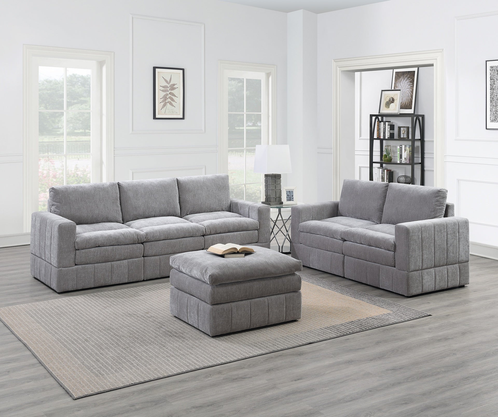 Contemporary 6pc Set Modular Sectional Set 4x One Arm Chair / Wedge 1x Armless Chair 1x Ottoman Granite Color Morgan Fabric Plush Living Room Furniture