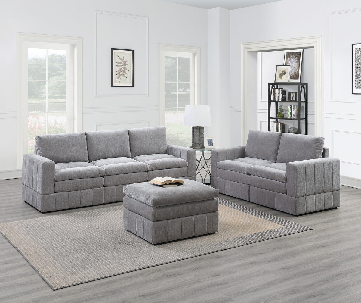 Contemporary 6pc Set Modular Sectional Set 4x One Arm Chair / Wedge 1x Armless Chair 1x Ottoman Granite Color Morgan Fabric Plush Living Room Furniture