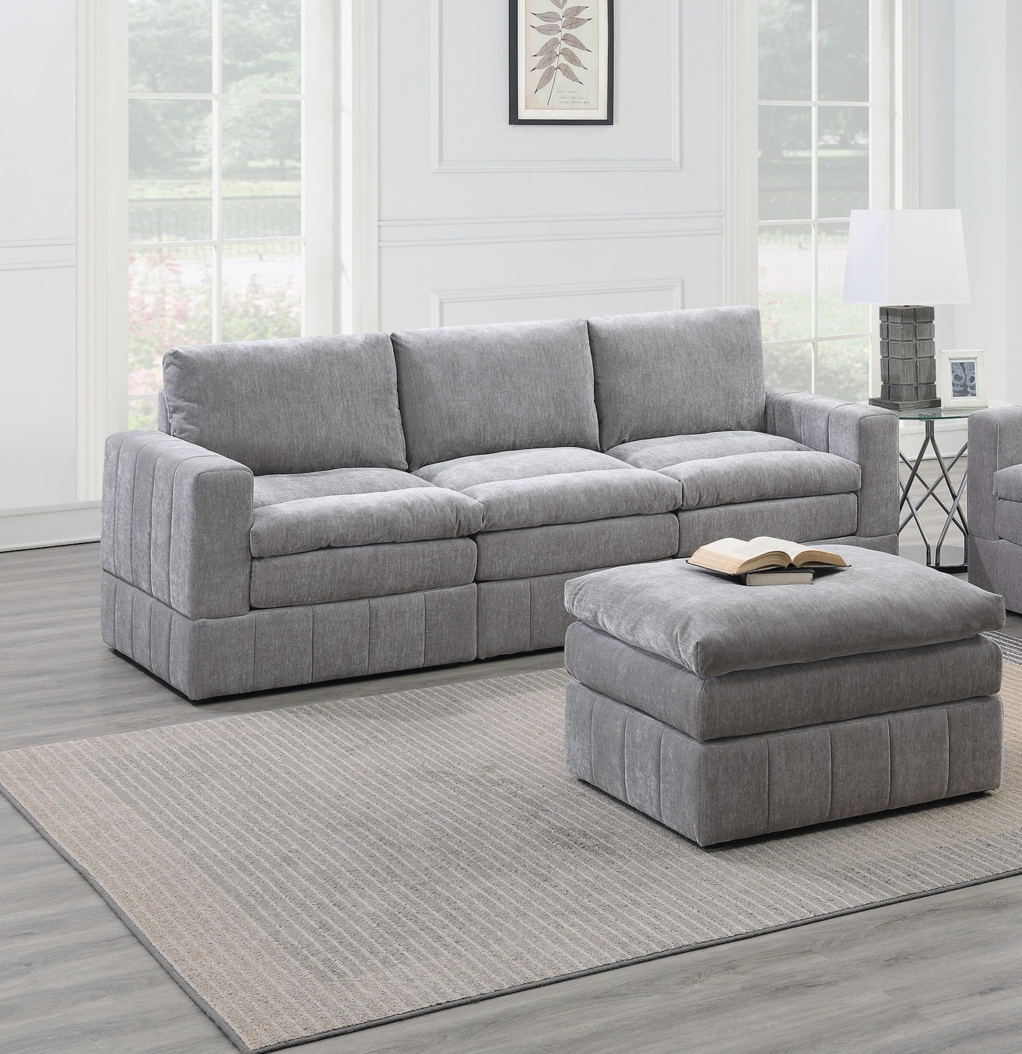 Contemporary 6pc Set Modular Sectional Set 4x One Arm Chair / Wedge 1x Armless Chair 1x Ottoman Granite Color Morgan Fabric Plush Living Room Furniture