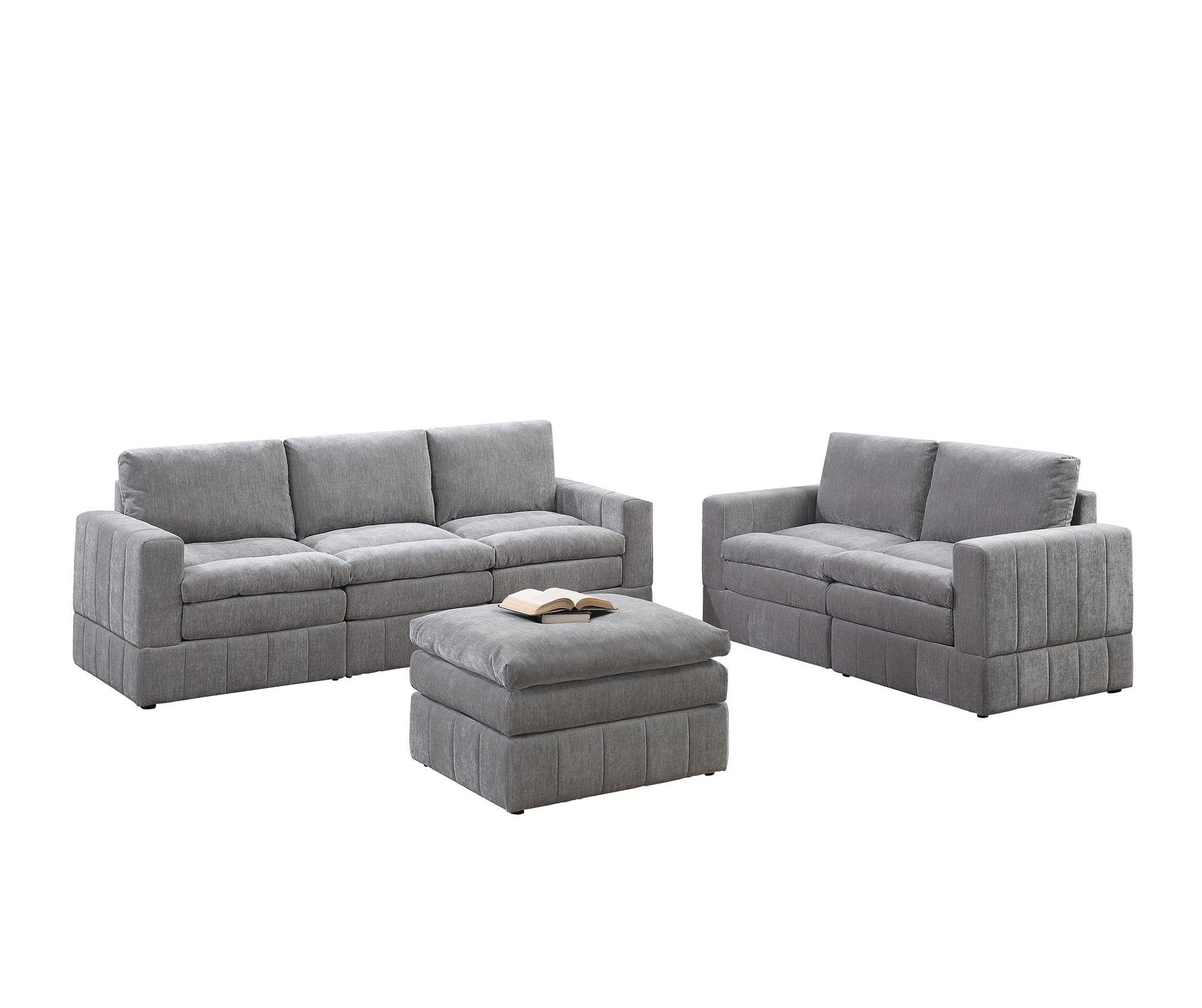Contemporary 6pc Set Modular Sectional Set 4x One Arm Chair / Wedge 1x Armless Chair 1x Ottoman Granite Color Morgan Fabric Plush Living Room Furniture
