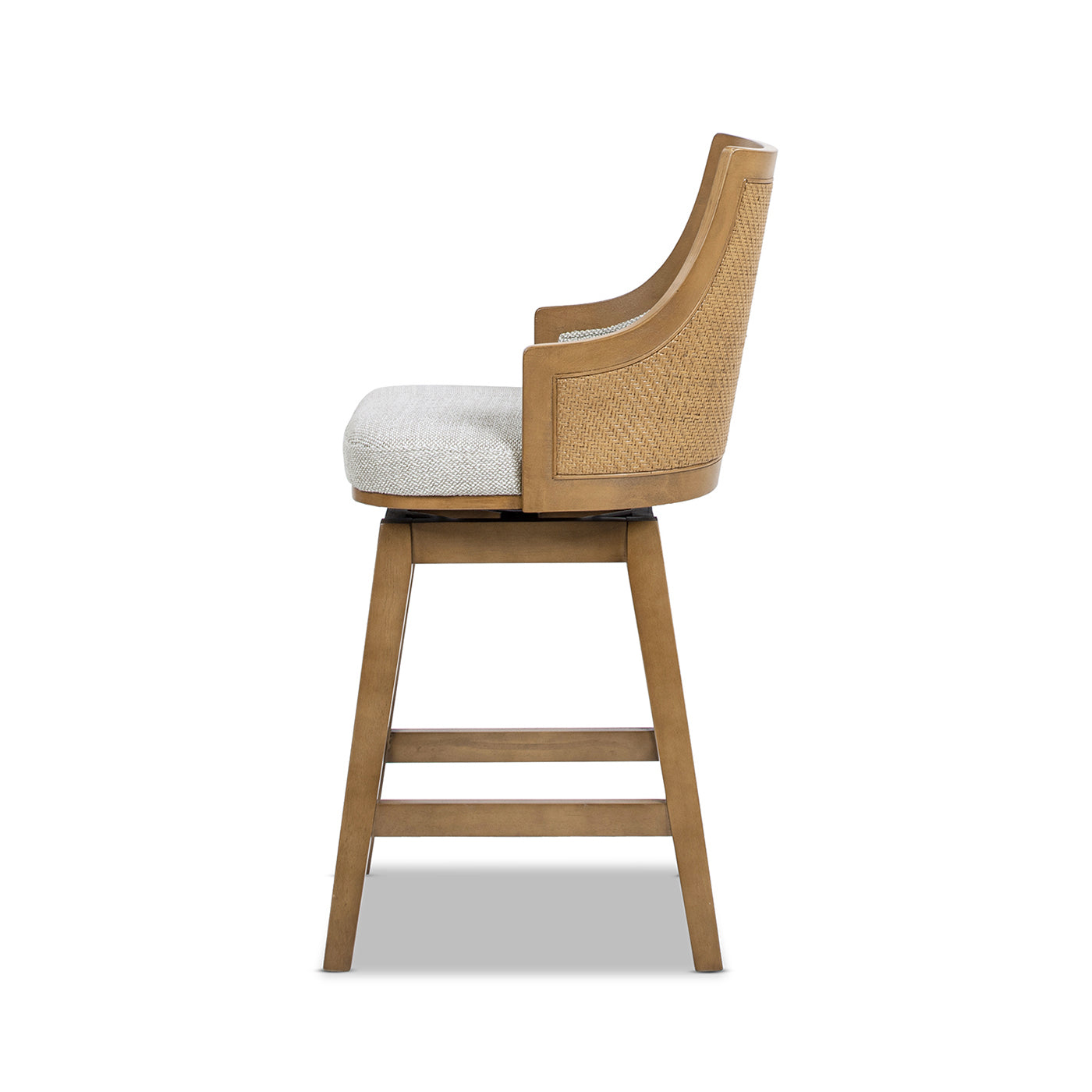 Bahama 26" Cane Rattan High-Back Swivel Counter Stool with Recessed Arms, Two-Tone Neutral Gray Polyester Wool Blend
