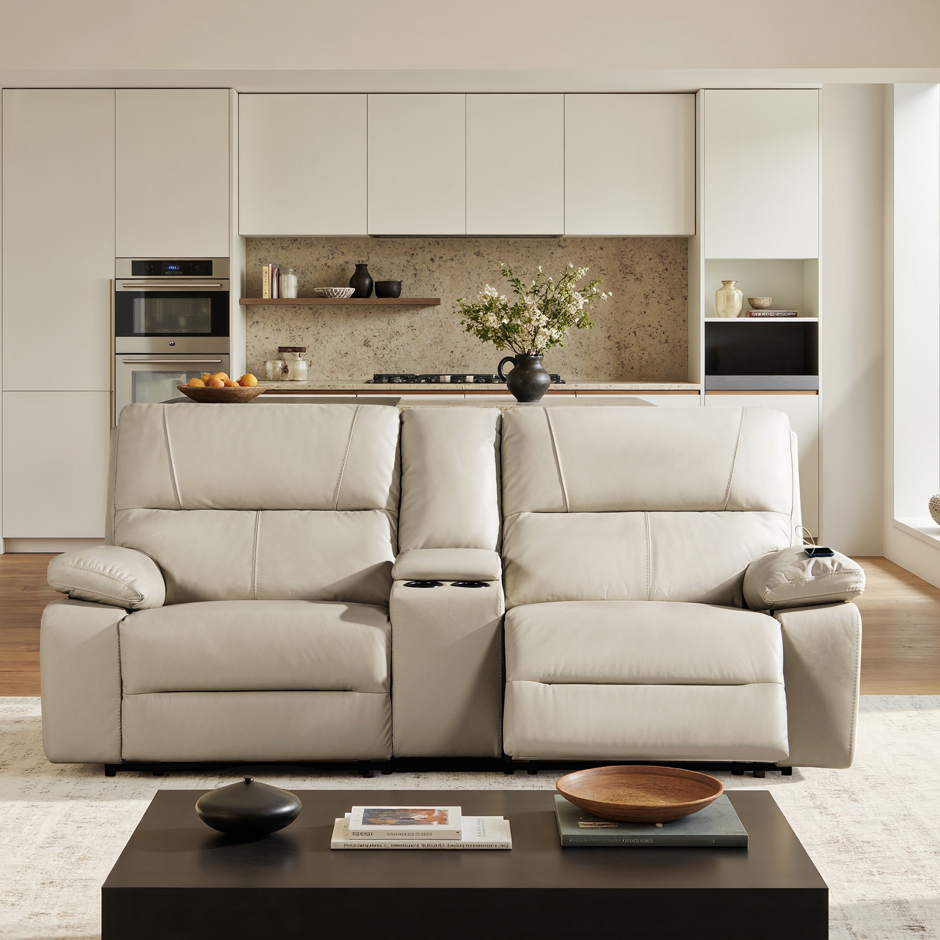 Malibu 79" Modern Power Motion 3-Piece Reclining Loveseat Sofa with Cup Holders, Cream Taupe Beige