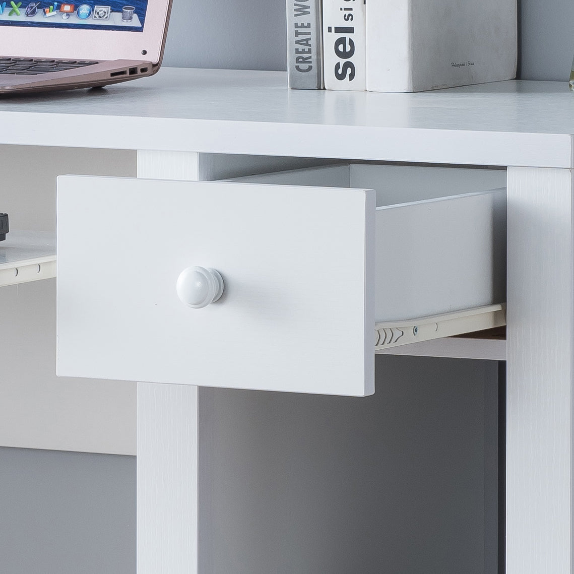 Student desk home office desk 39"W Compact desk Writing Desk Laptop Desk White One drawer Keyboard Drawer Wooden Knob