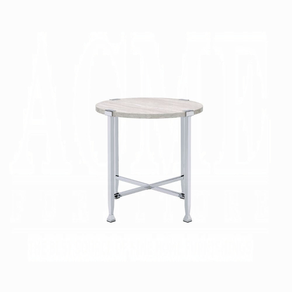 Contemporary End Table Round White Oak Finish Wooden Top Living Room Furniture 1pc Chrome Metal Frame Side Table