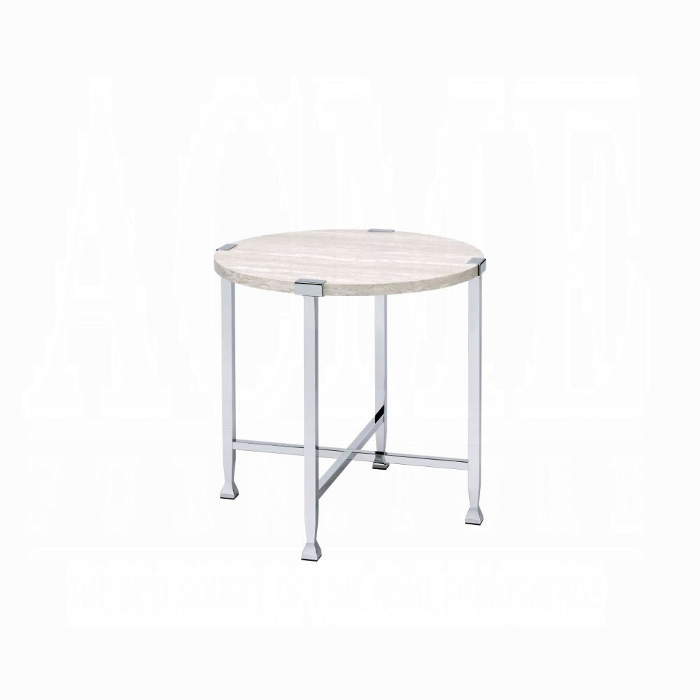 Contemporary End Table Round White Oak Finish Wooden Top Living Room Furniture 1pc Chrome Metal Frame Side Table