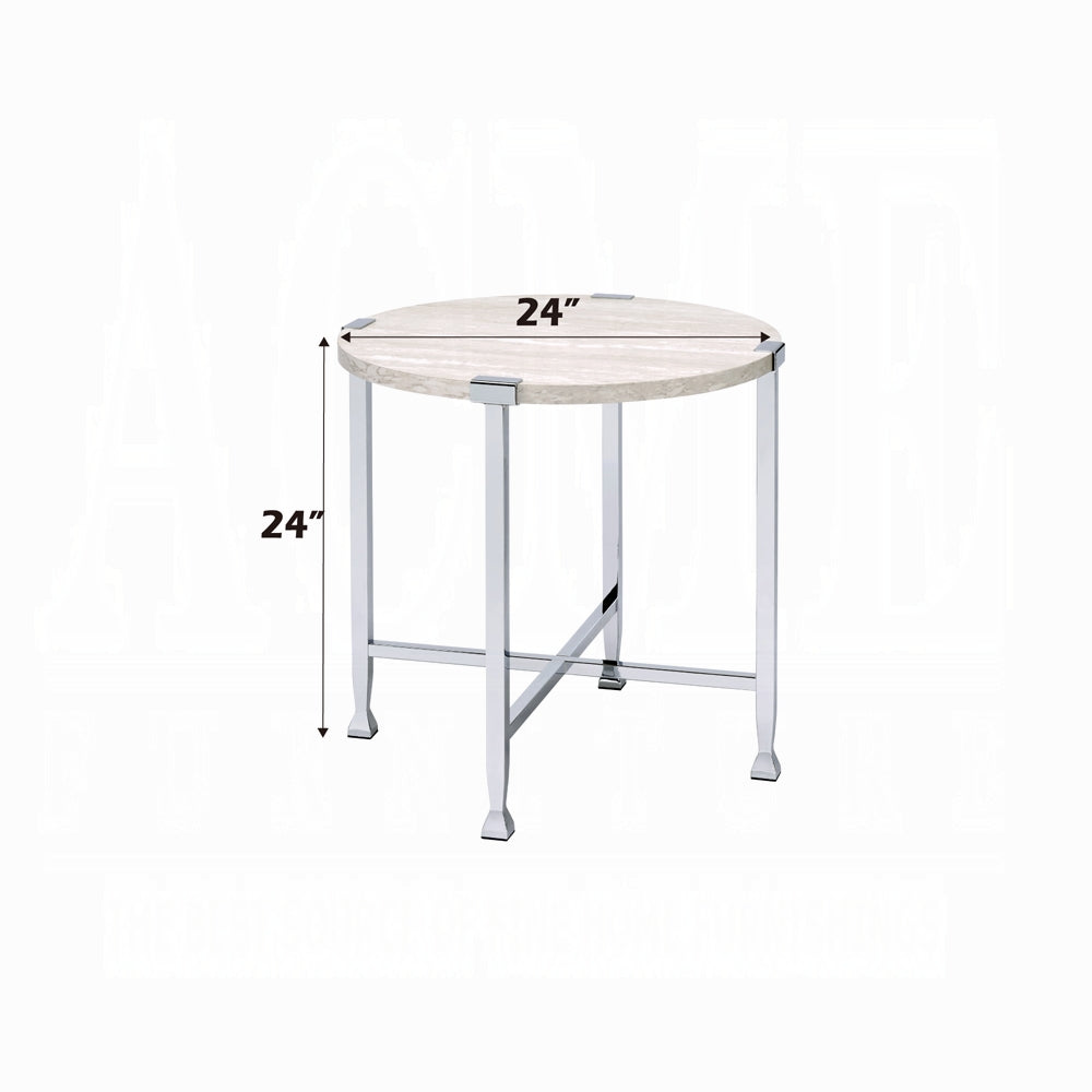 Contemporary End Table Round White Oak Finish Wooden Top Living Room Furniture 1pc Chrome Metal Frame Side Table