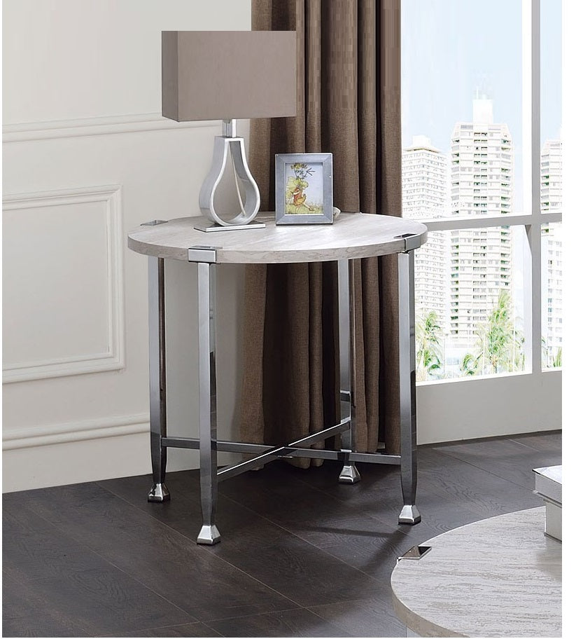 Contemporary End Table Round White Oak Finish Wooden Top Living Room Furniture 1pc Chrome Metal Frame Side Table