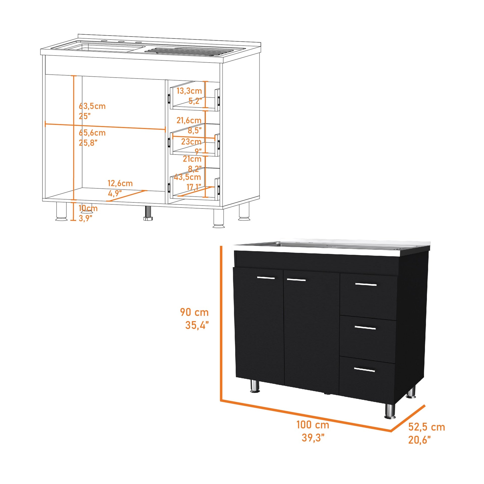 Darien melamine base cabinet, three drawers and stainless steel top.