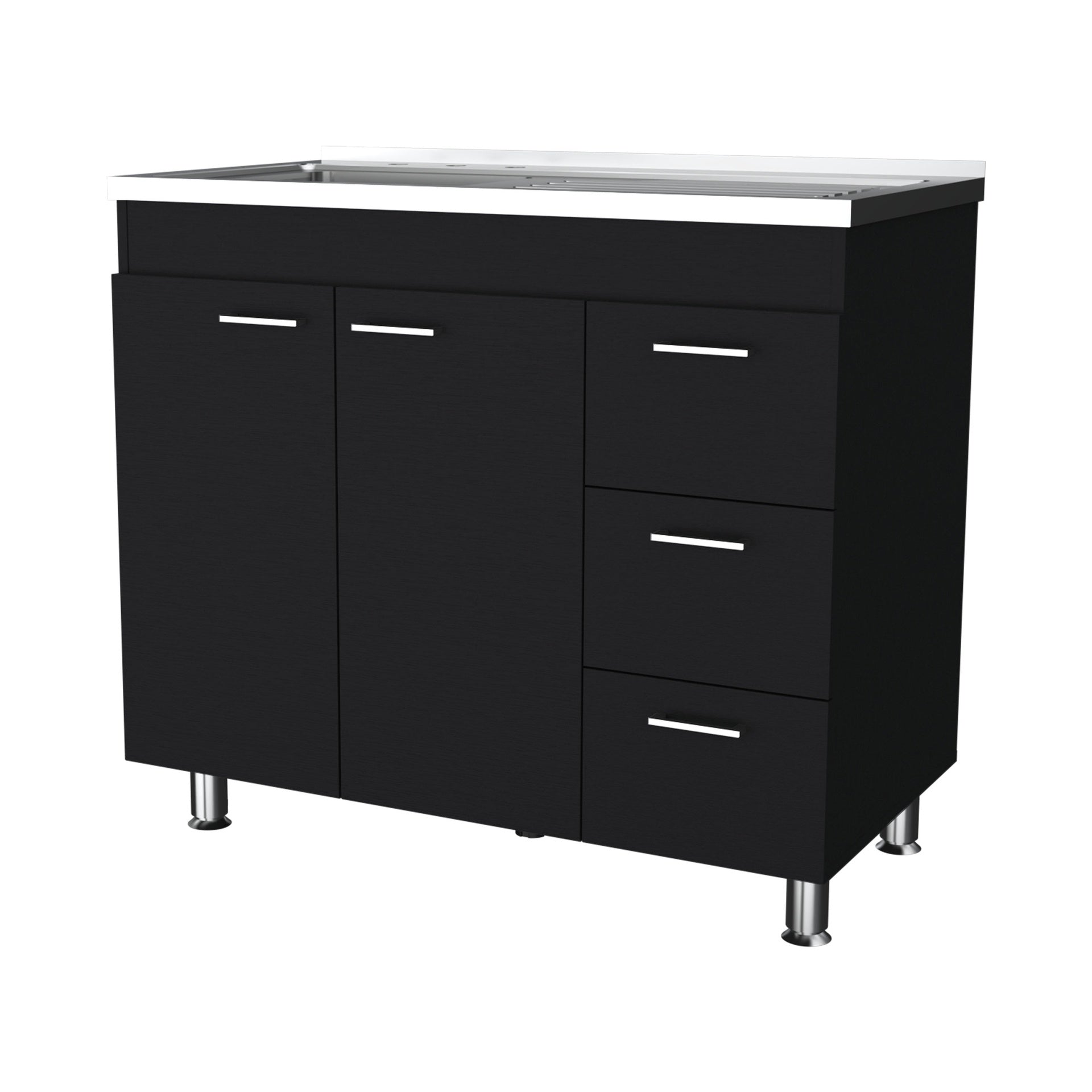 Darien melamine base cabinet, three drawers and stainless steel top.
