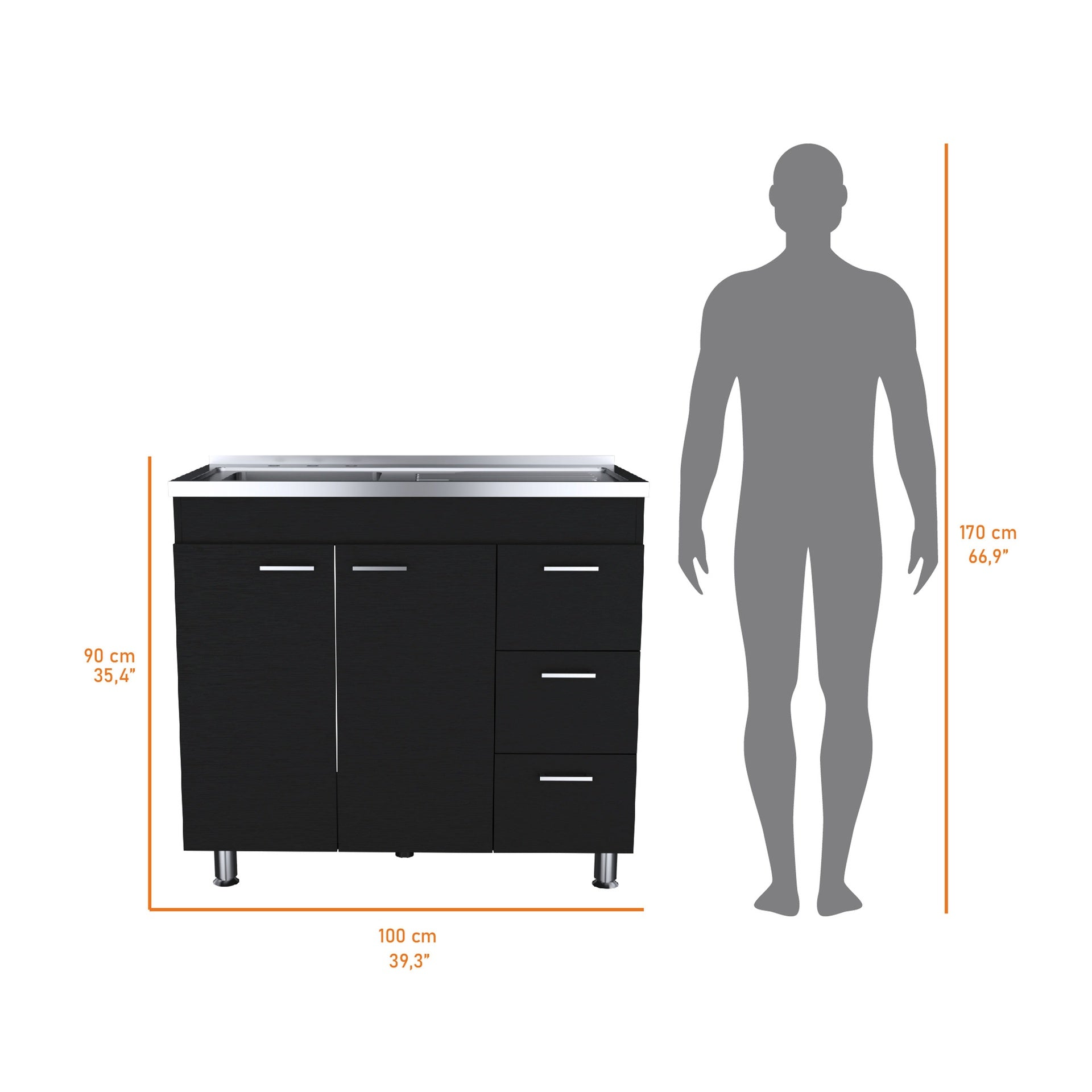 Darien melamine base cabinet, three drawers and stainless steel top.