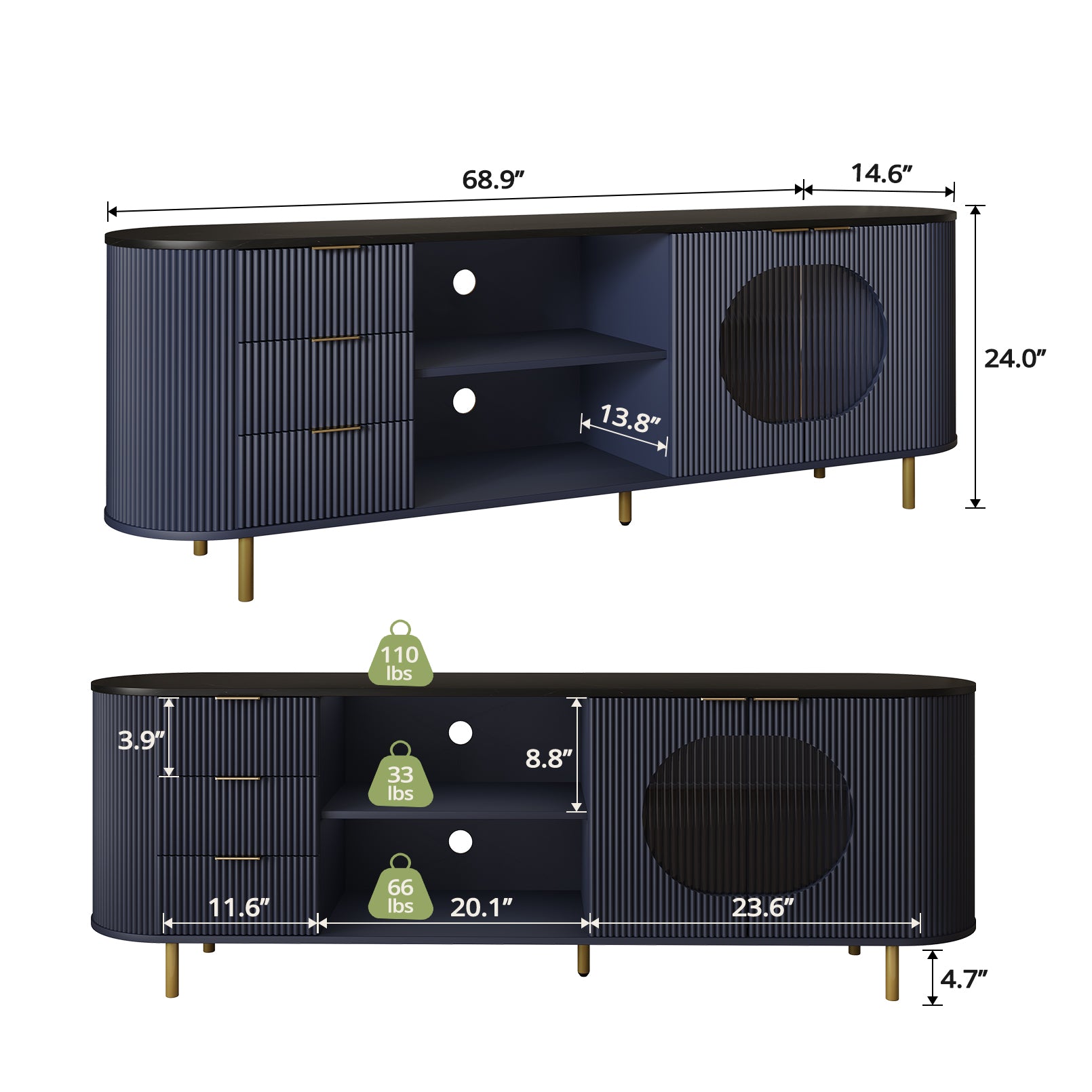 65 Inch Modern TV Stand, Fluted Media Console with Faux Marble Top, Gold Accents, Natural Blue