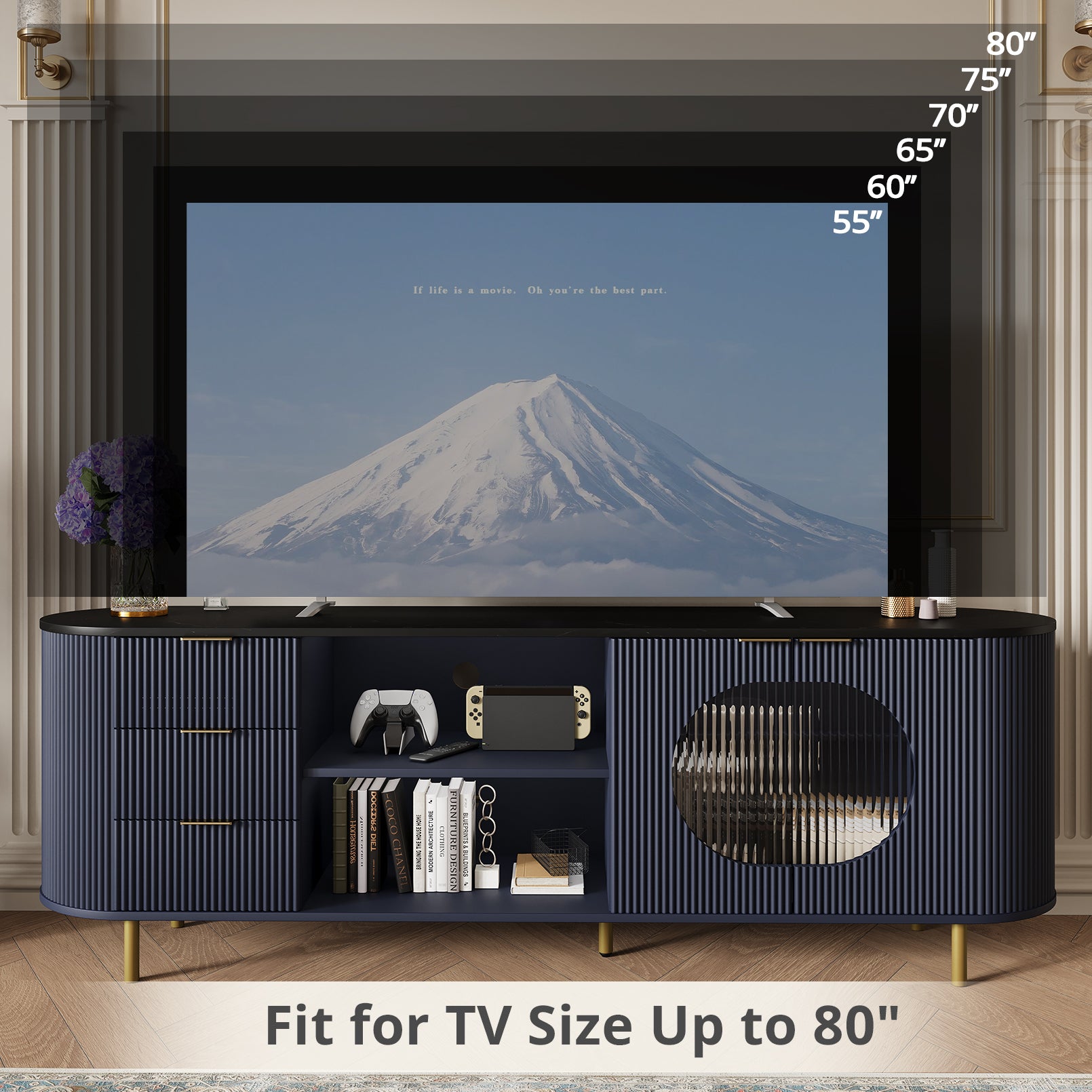65 Inch Modern TV Stand, Fluted Media Console with Faux Marble Top, Gold Accents, Natural Blue