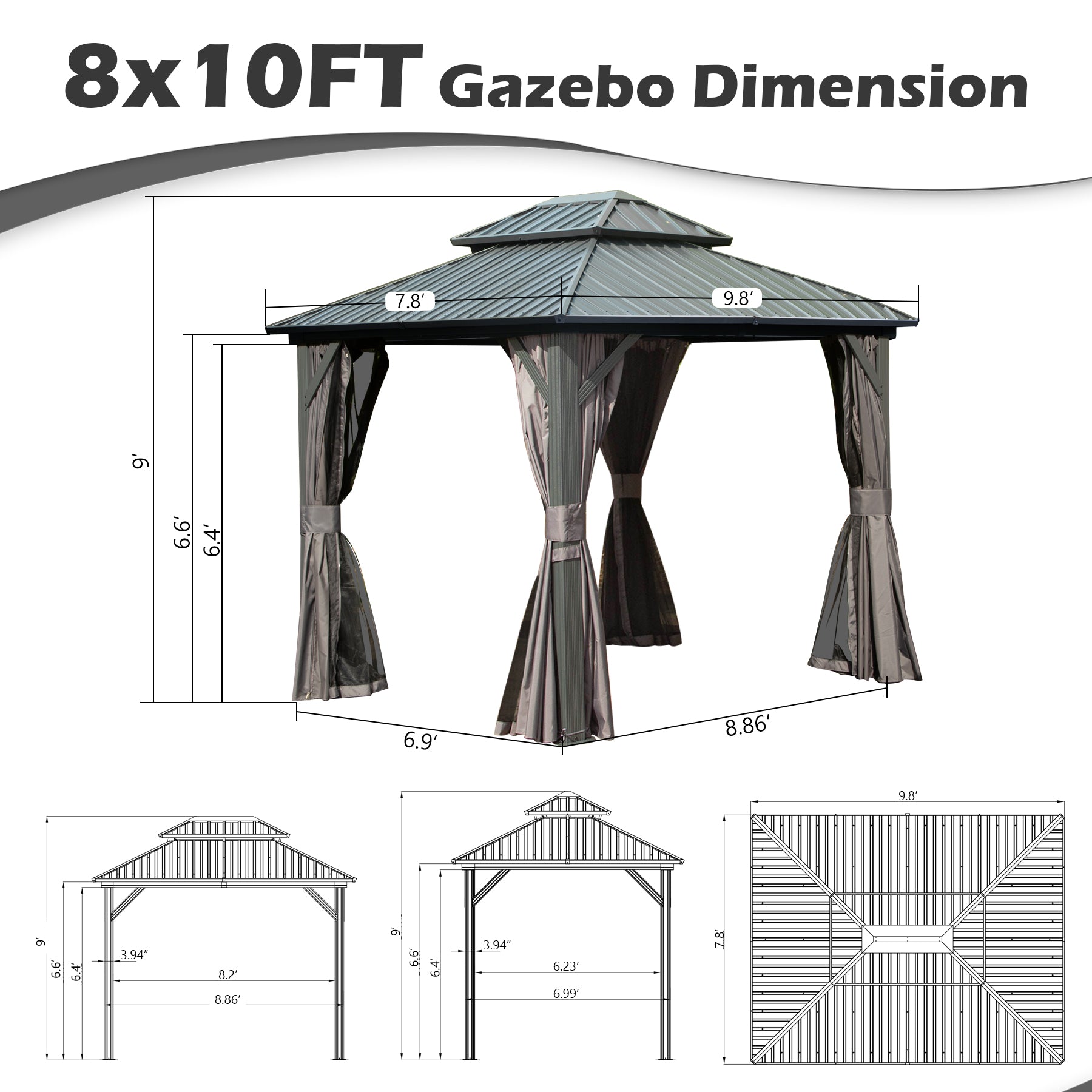8' x 10' Hardtop Gazebo Permanent Metal Gazebo with Galvanized Steel Double Roof, Curtains and Netting for Party, Wedding, Outdoor Dining, Patio, Backyard, Grey
