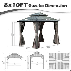 8' x 10' Hardtop Gazebo Permanent Metal Gazebo with Galvanized Steel Double Roof, Curtains and Netting for Party, Wedding, Outdoor Dining, Patio, Backyard, Grey