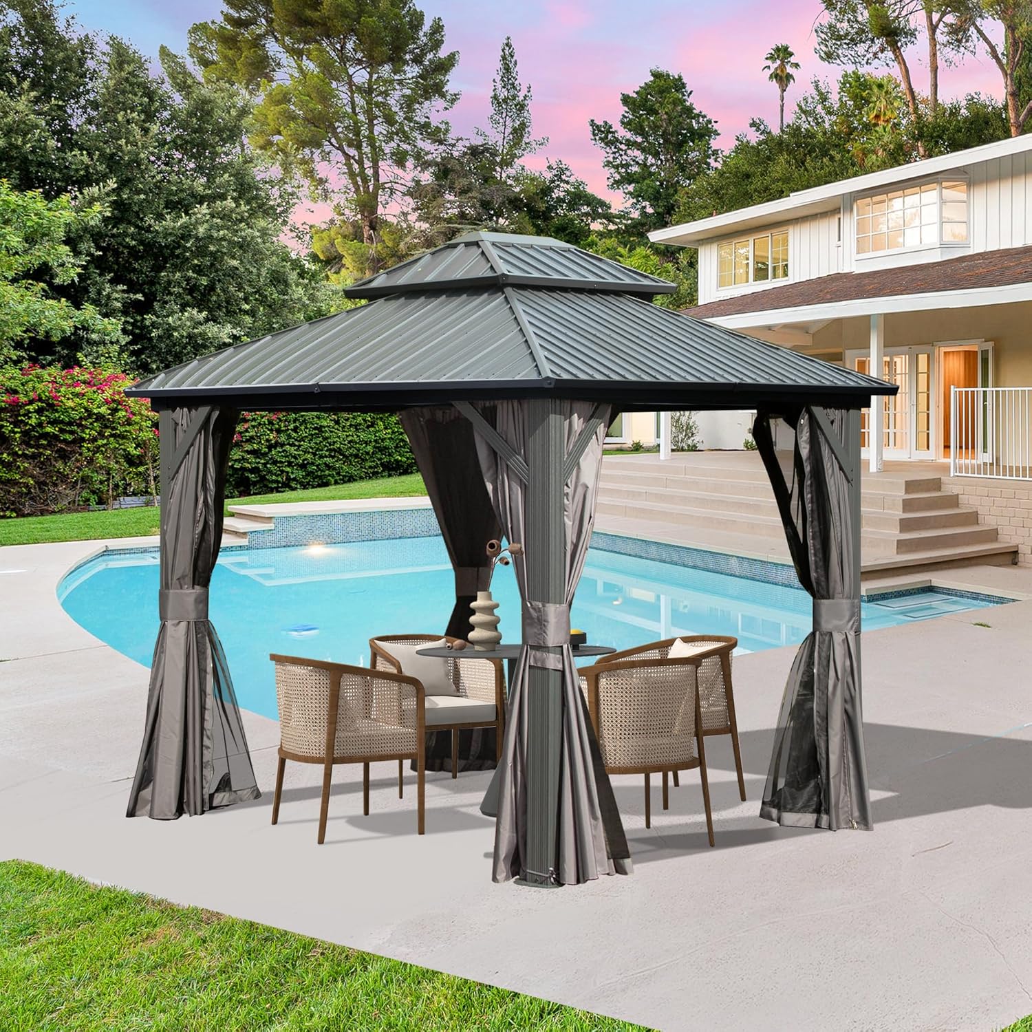 8' x 10' Hardtop Gazebo Permanent Metal Gazebo with Galvanized Steel Double Roof, Curtains and Netting for Party, Wedding, Outdoor Dining, Patio, Backyard, Grey