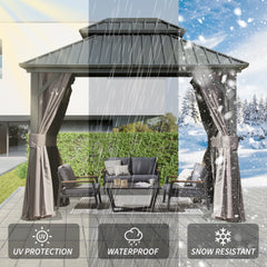 8' x 10' Hardtop Gazebo Permanent Metal Gazebo with Galvanized Steel Double Roof, Curtains and Netting for Party, Wedding, Outdoor Dining, Patio, Backyard, Grey