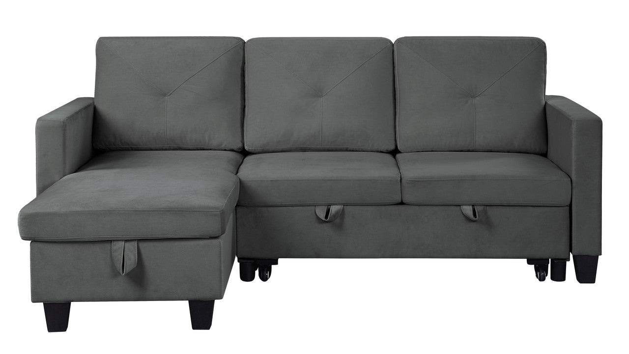 Novella 82.5"W Dark Gray Velvet Reversible Sleeper Sectional Sofa with Storage Chaise