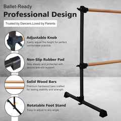 6FT Black Solid Wood Ballet Barre With Adjustable Range Of 6.7-46 Inches For Dance Practice