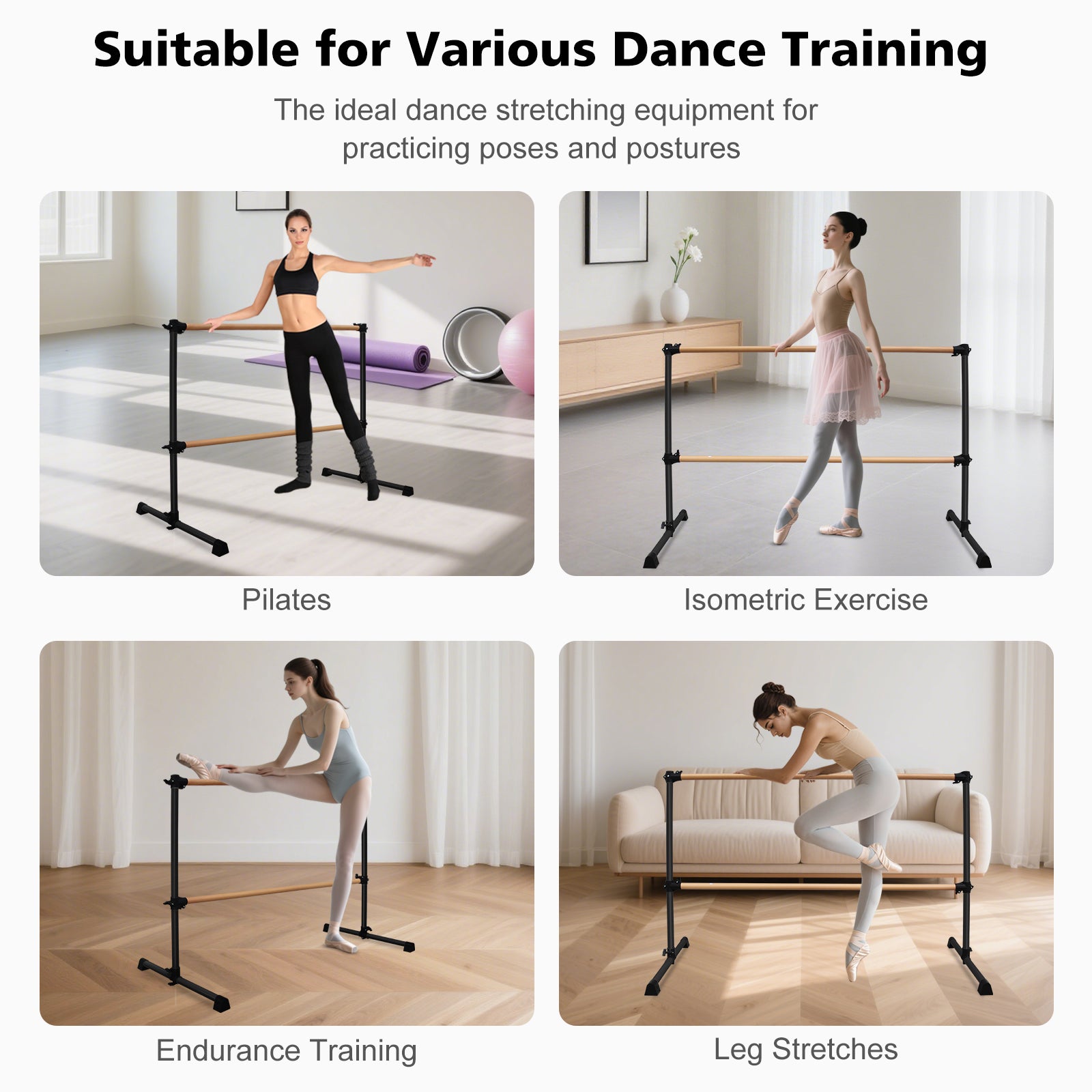 6FT Black Solid Wood Ballet Barre With Adjustable Range Of 6.7-46 Inches For Dance Practice