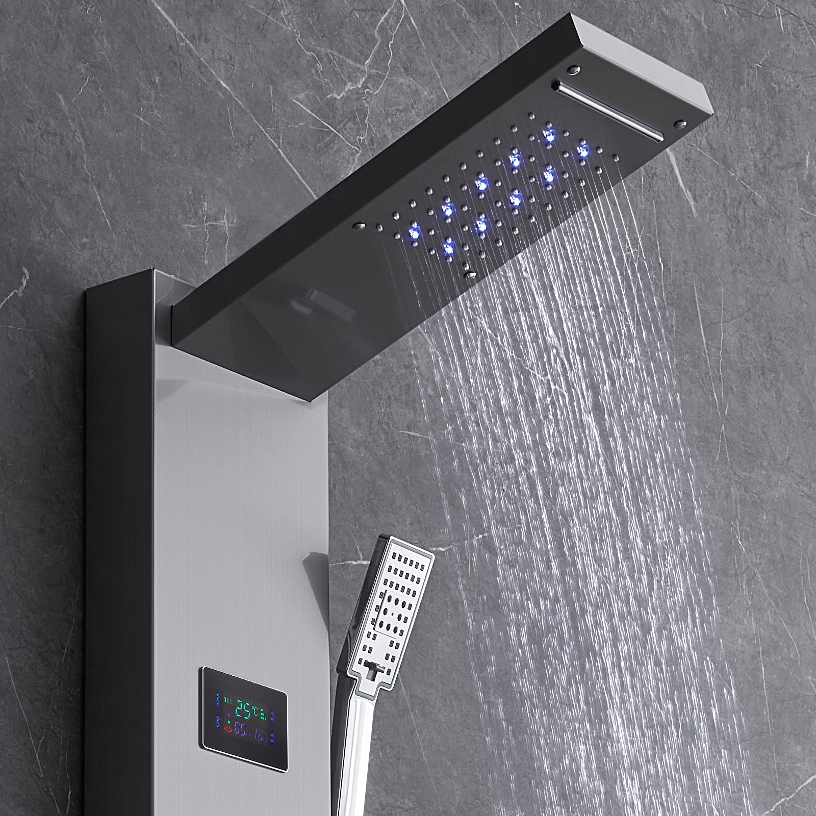 Shower Panel System, 6 Shower Modes, LED & Screen Hydroelectricity Shower Panel Tower, Rainfall, Waterfall, 5 Massage Jets, Tub Spout, Handheld Shower, Stainless Steel Wall-Mounted Shower Set