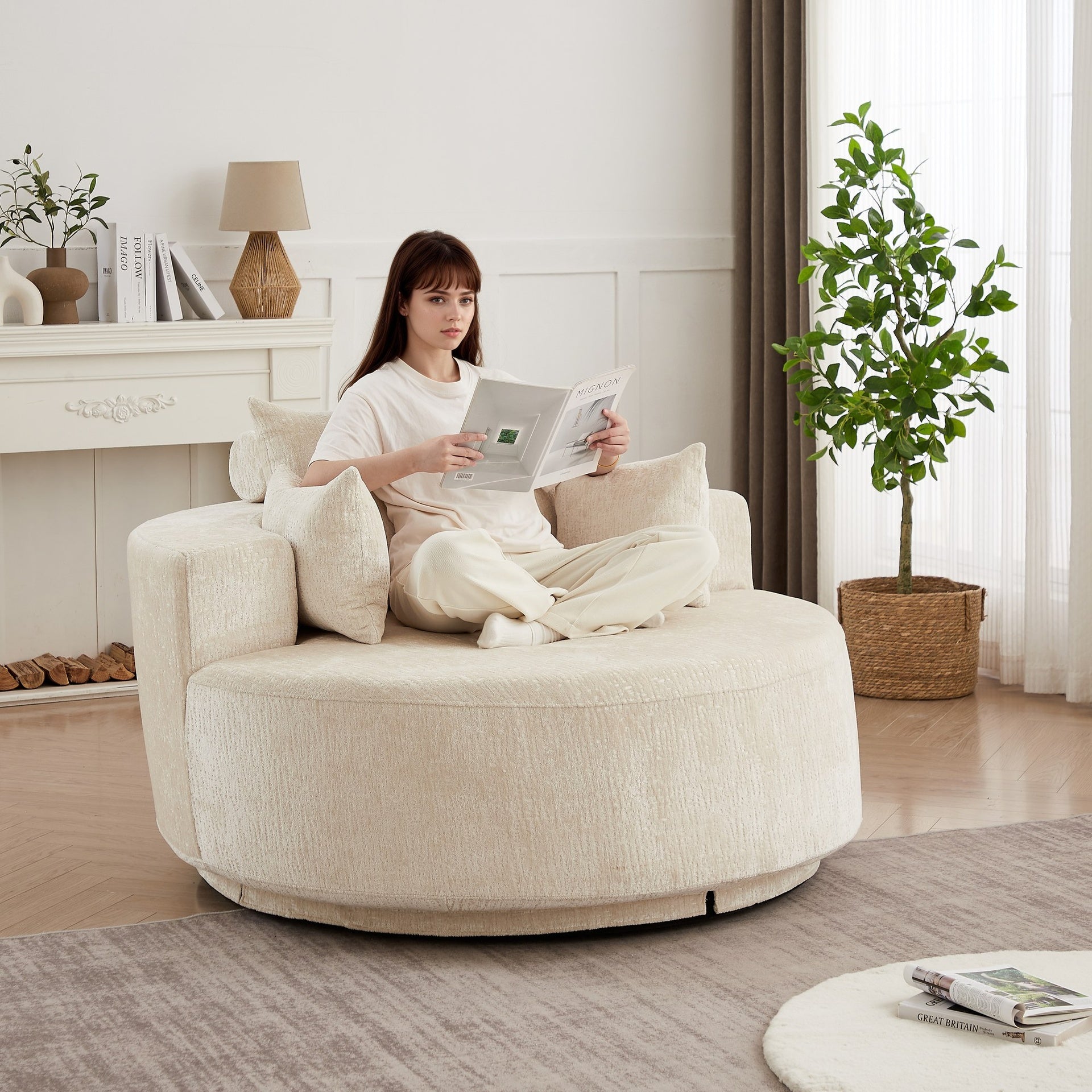 55''L Chenille Foam Single Swivel Chair, Fluffy Modern Sleeper, 360 Degree Swivel Chair for Living Room, Bedroom, Lounge and Projection Room