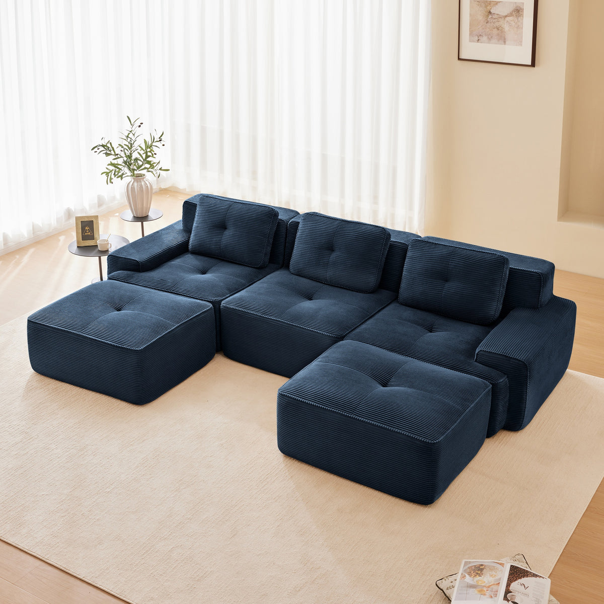 117" Modern U-Shaped Modular Sectional Sofa for Living Room, Corduroy Fabric, 3-Seater Couch with Deep Seat and Movable Ottoman,Pearl-like piping, Tufted Design,No Assembly, Anti-slip Design,Blue