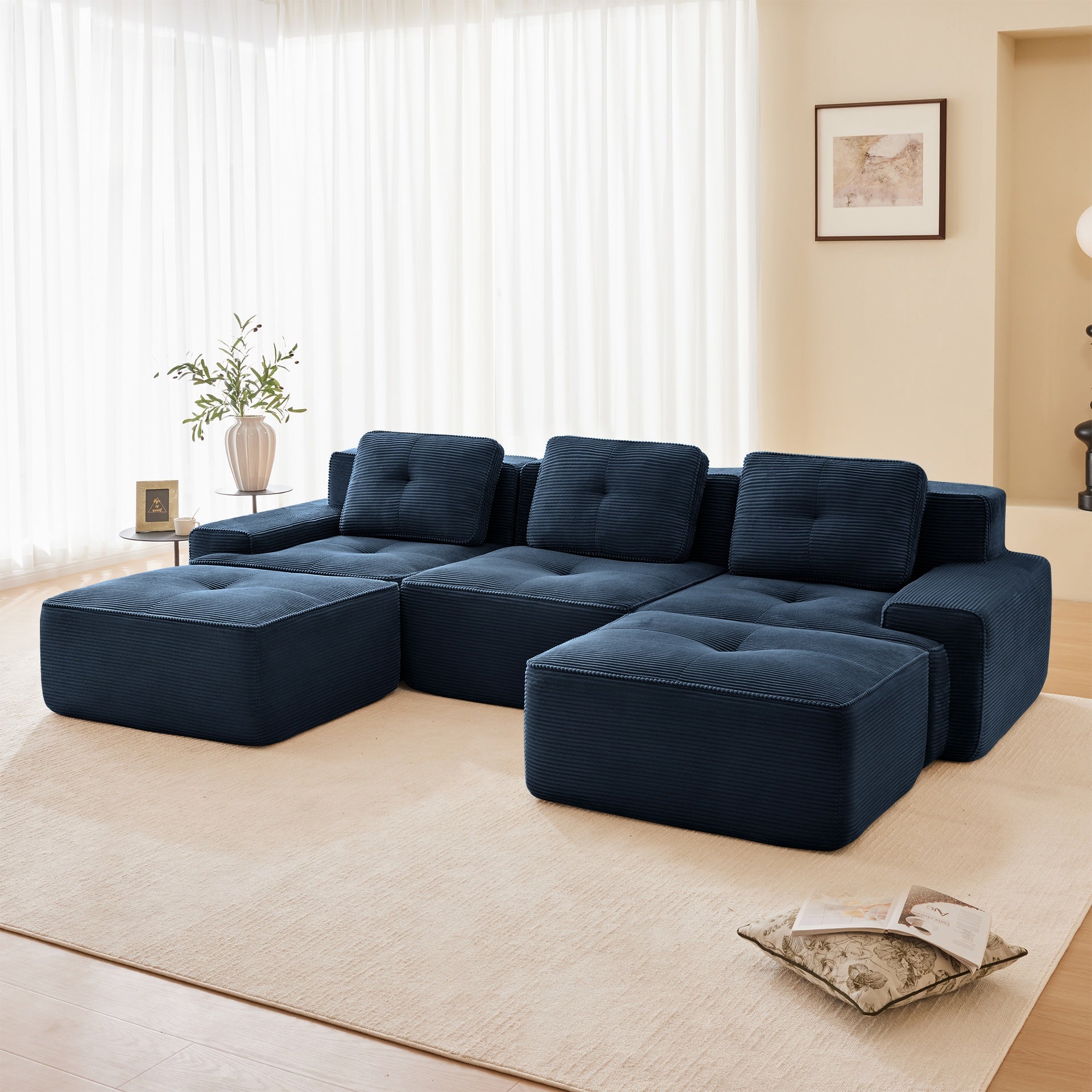 117" Modern U-Shaped Modular Sectional Sofa for Living Room, Corduroy Fabric, 3-Seater Couch with Deep Seat and Movable Ottoman,Pearl-like piping, Tufted Design,No Assembly, Anti-slip Design,Blue
