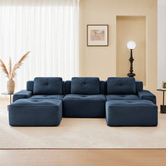 117" Modern U-Shaped Modular Sectional Sofa for Living Room, Corduroy Fabric, 3-Seater Couch with Deep Seat and Movable Ottoman,Pearl-like piping, Tufted Design,No Assembly, Anti-slip Design,Blue